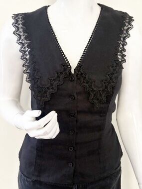 Reformation Melodie Linen Tie Back Sleeveless Top w Oversize Collar & Lace Trim